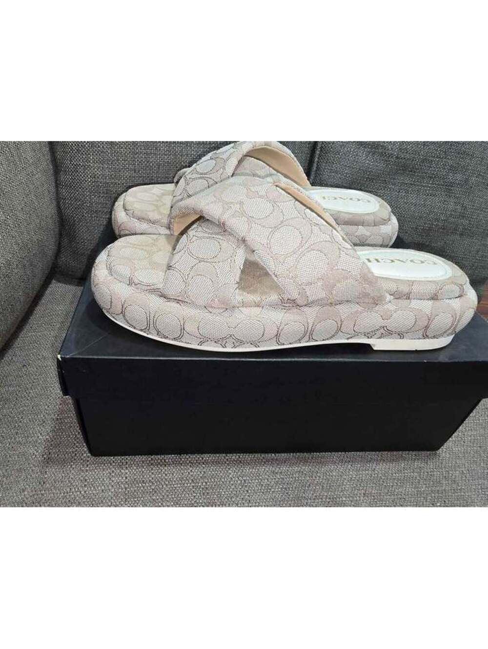 Coach Penelope Jacquard Bubble Flatform Logo Sandals- Oak/Brown